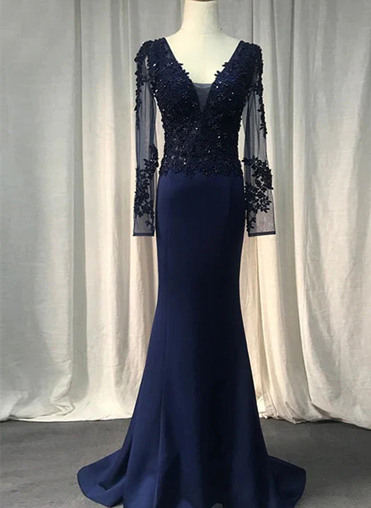 Navy Blue Mermaid Spandex Long Sleeves Prom Dress, Navy Blue Evening D Cutedressy Navy Blue Mermaid Spandex Long Sleeves Prom Dress, Navy Blue Evening D Cutedressy