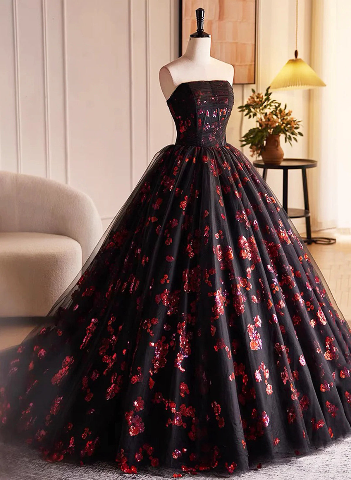Black and Red Tulle Floral Sweet 16 Dress, Black and Red Party Dress P Black and Red Tulle Floral Sweet 16 Dress, Black and Red Party Dress P