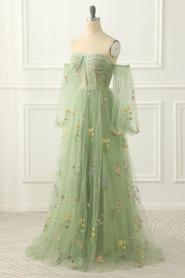 Light Green Tulle Floral Sleeves Long Party Dress, A-line Light Green Prom Dress