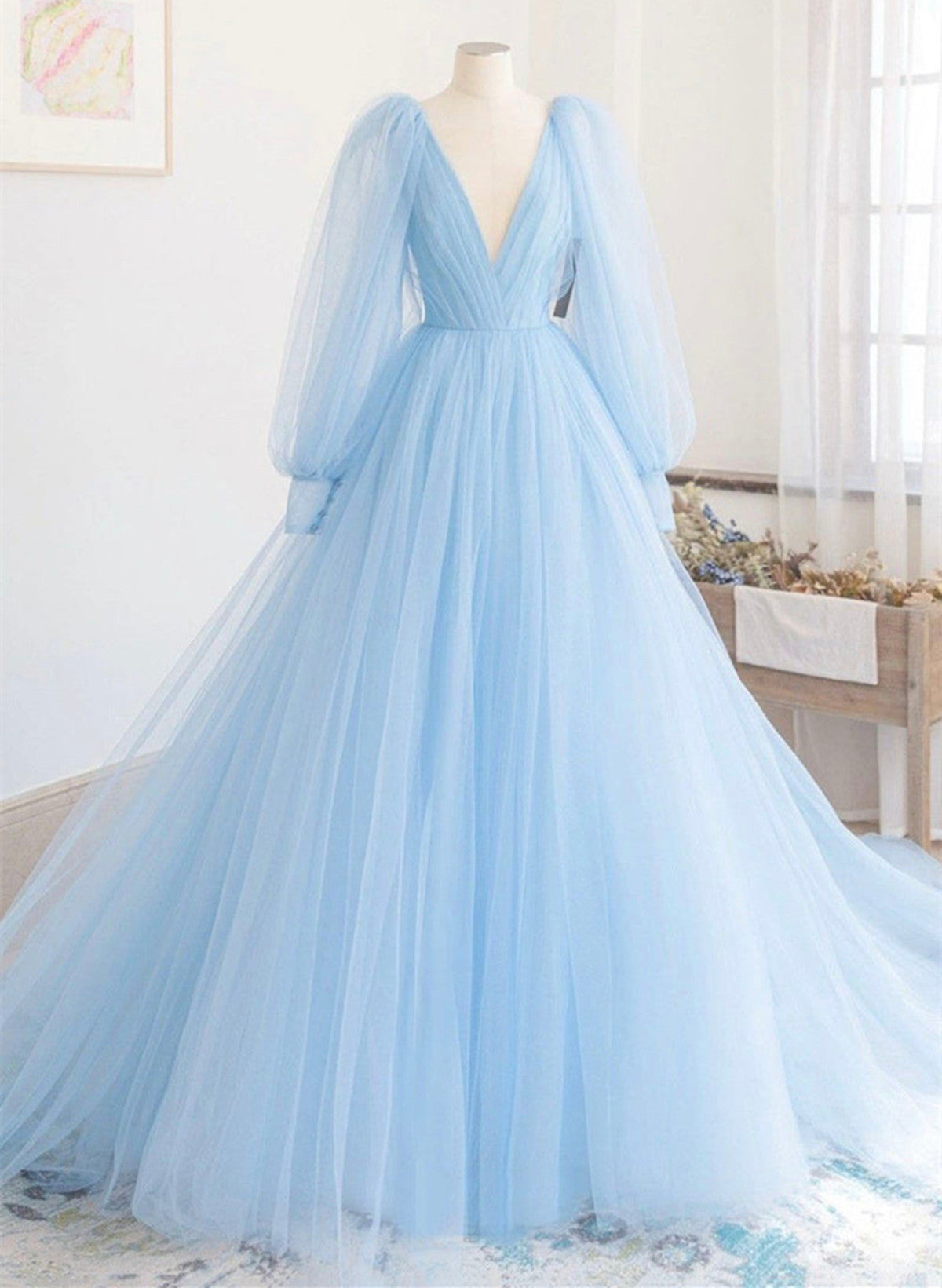 Light Blue Long Sleevest Long Formal Dress, Light Blue Evening Dress Cutedressy Light Blue Long Sleevest Long Formal Dress, Light Blue Evening Dress Cutedressy