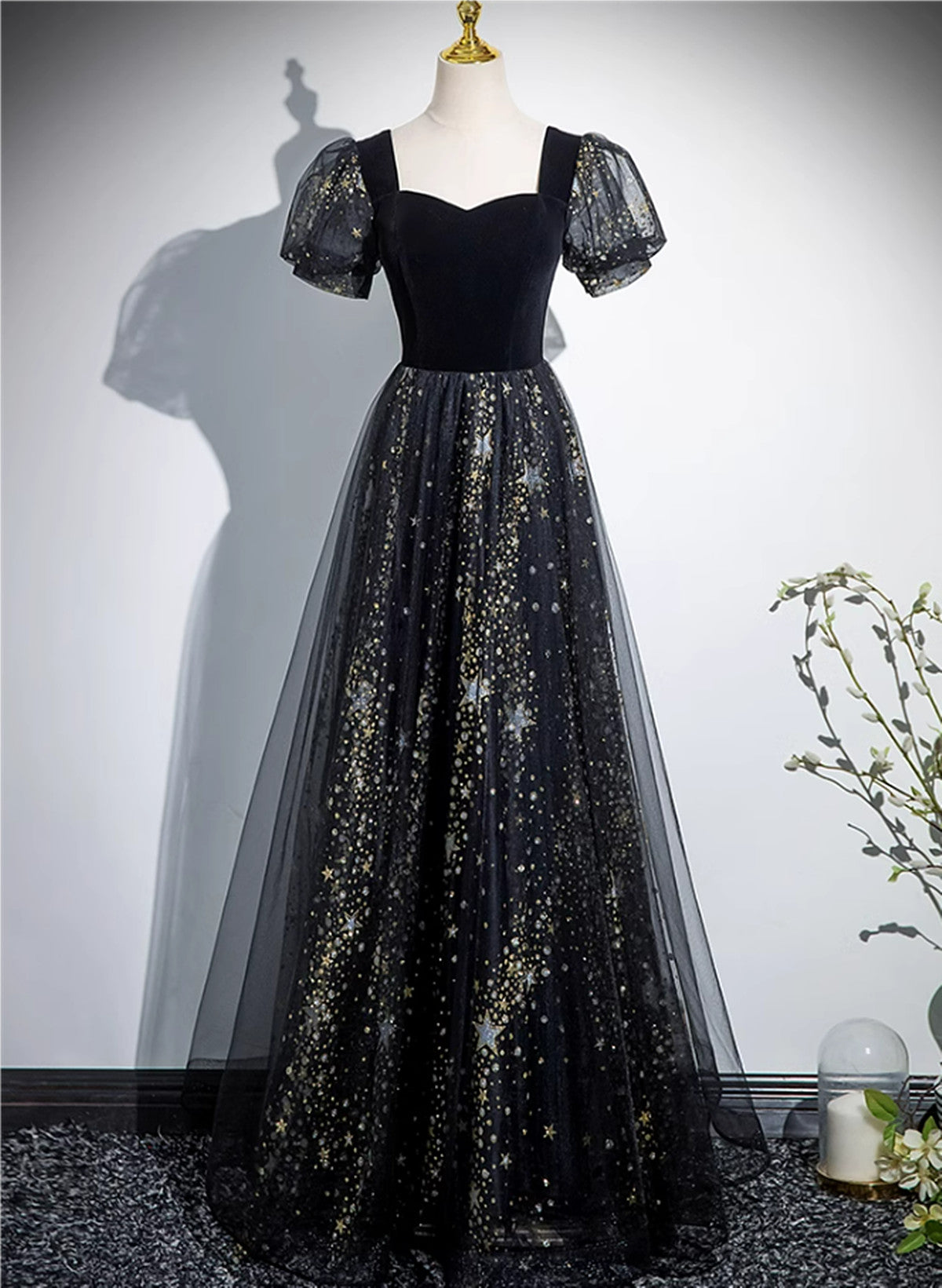 A-line Black Tulle and Velvet Long Party Dress, Black Prom Dress Cutedressy A-line Black Tulle and Velvet Long Party Dress, Black Prom Dress Cutedressy