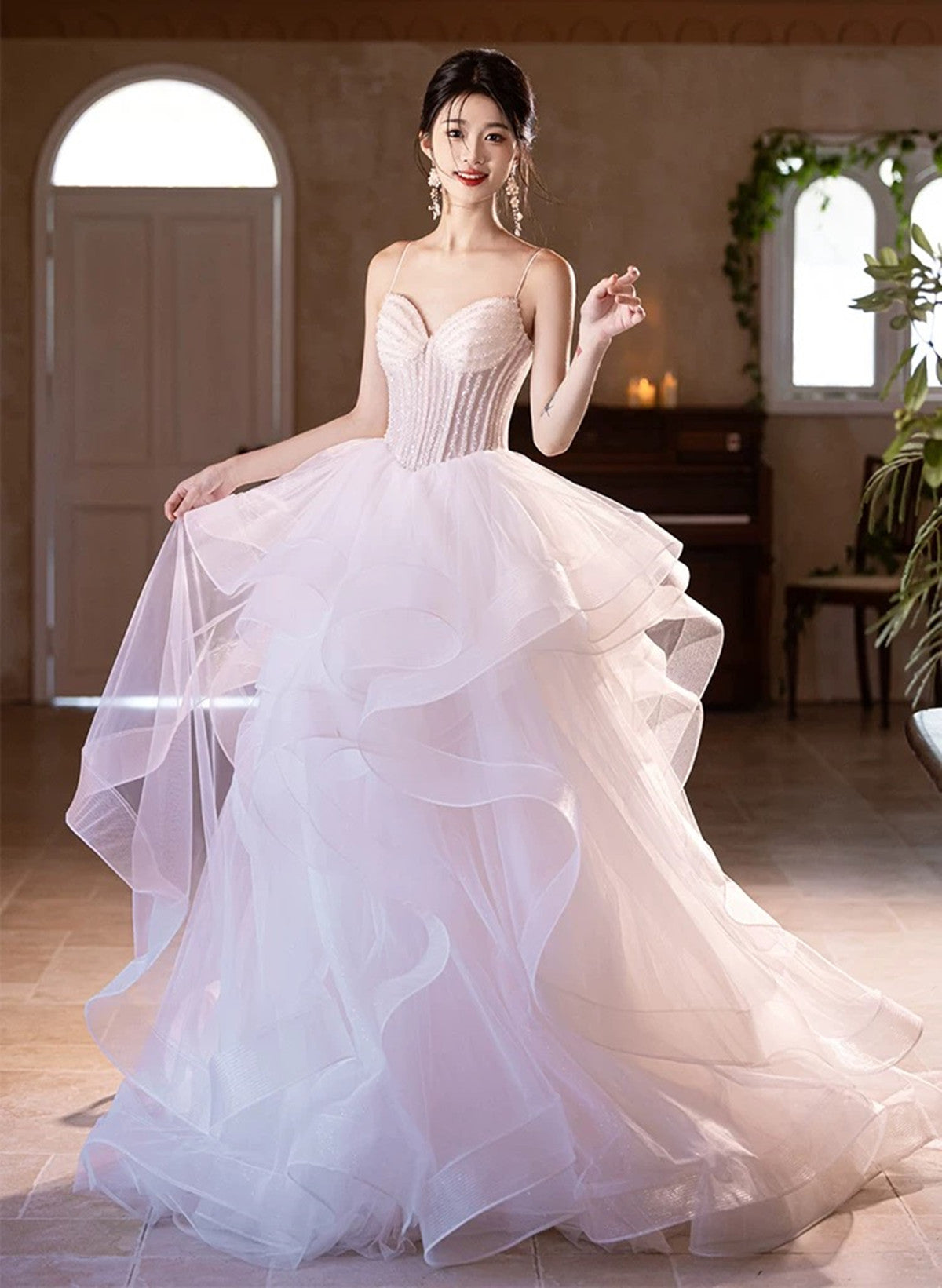 Pink and White Tulle Beaded Layers Sweet 16 Dress, Tulle Long Prom Dre Cutedressy Pink and White Tulle Beaded Layers Sweet 16 Dress, Tulle Long Prom Dre Cutedressy