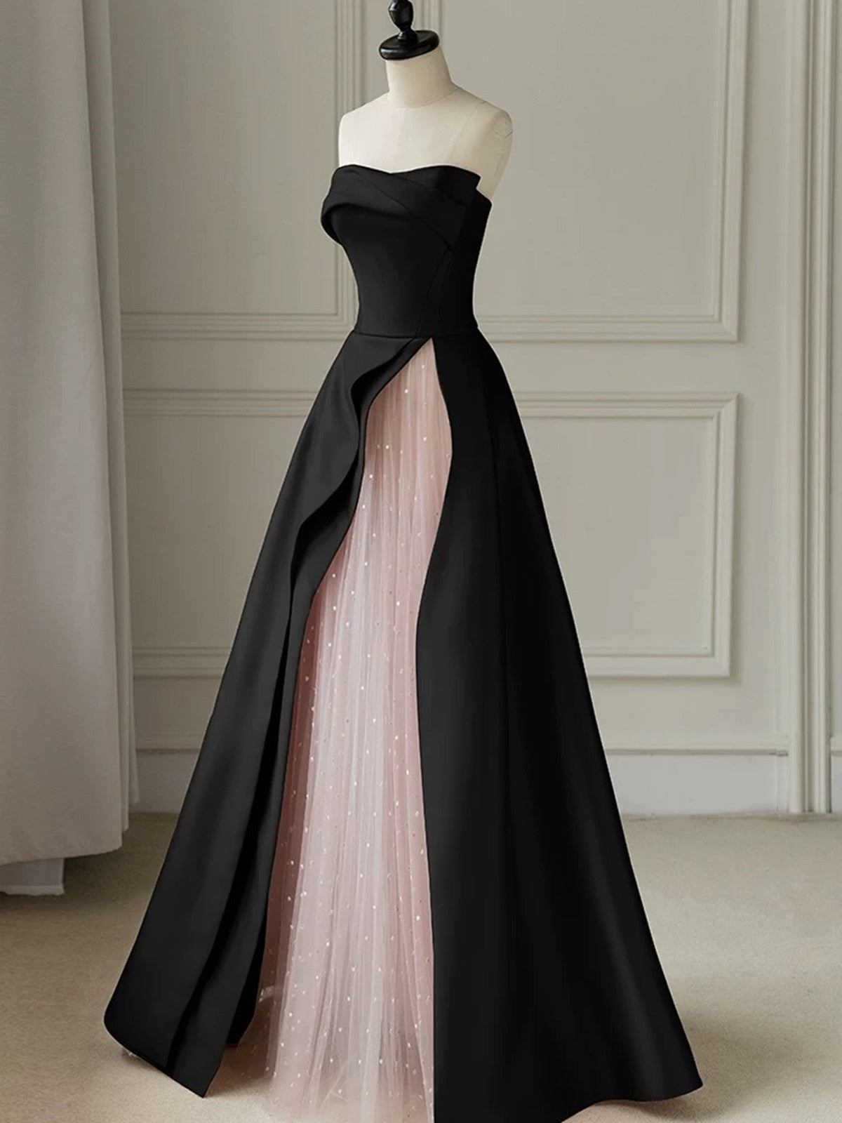 Chic Pink and Black Satin with Tulle Prom Dress, A-line Long Party Dre Cutedressy Chic Pink and Black Satin with Tulle Prom Dress, A-line Long Party Dre Cutedressy