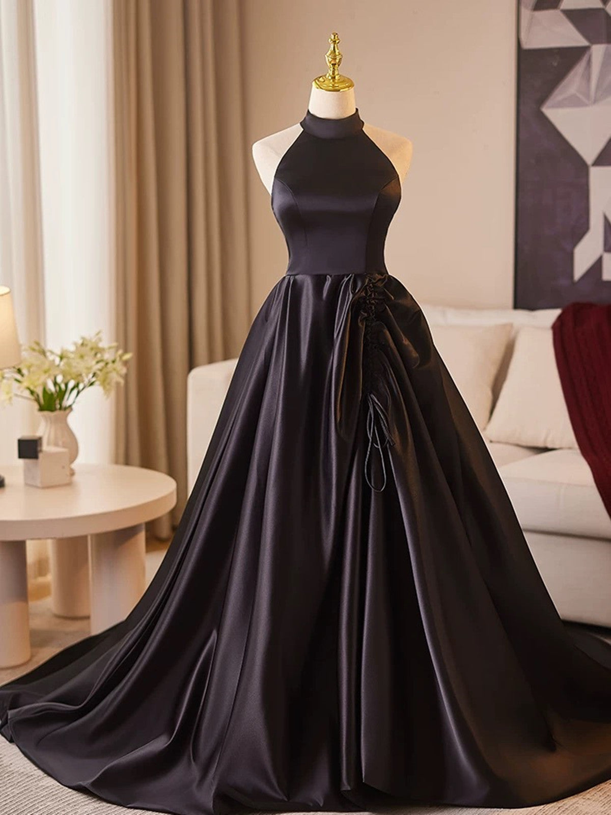 Black Halter Satin A-line Simple Style Prom Dress, Black Satin Party D Cutedressy Black Halter Satin A-line Simple Style Prom Dress, Black Satin Party D Cutedressy