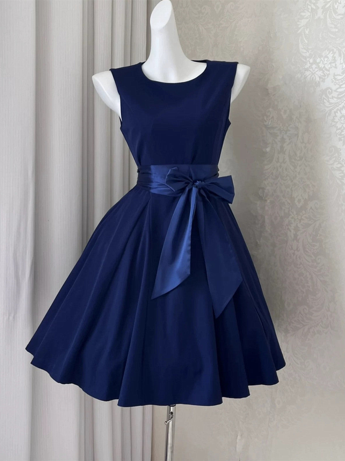 Navy Blue Round Neckline Knee Length Party Dress, Navy Blue Short Home Cutedressy Navy Blue Round Neckline Knee Length Party Dress, Navy Blue Short Home Cutedressy