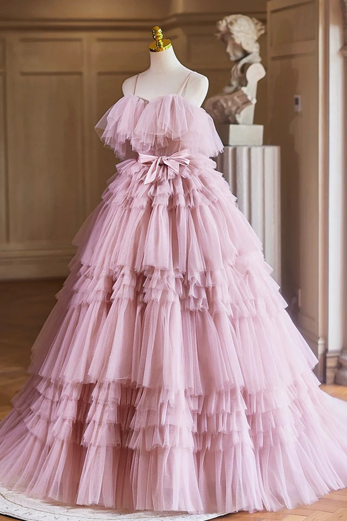 Pink Layered Tulle Ball Gown With Bow, Pink Tulle Evening Dress Formal Dress Pink Layered Tulle Ball Gown With Bow, Pink Tulle Evening Dress Formal Dress