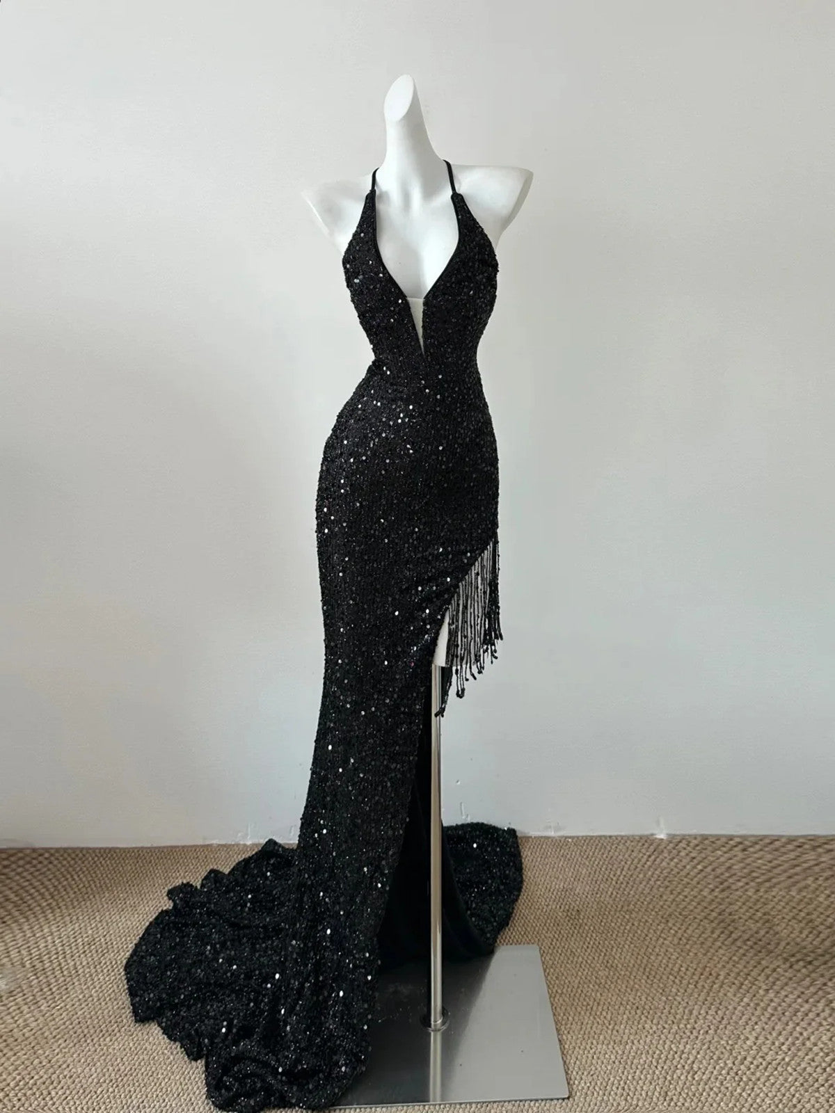 Black Sequins Mermaid High Low Lace-up Party Dress, Black Sequins Form Cutedressy Black Sequins Mermaid High Low Lace-up Party Dress, Black Sequins Form Cutedressy