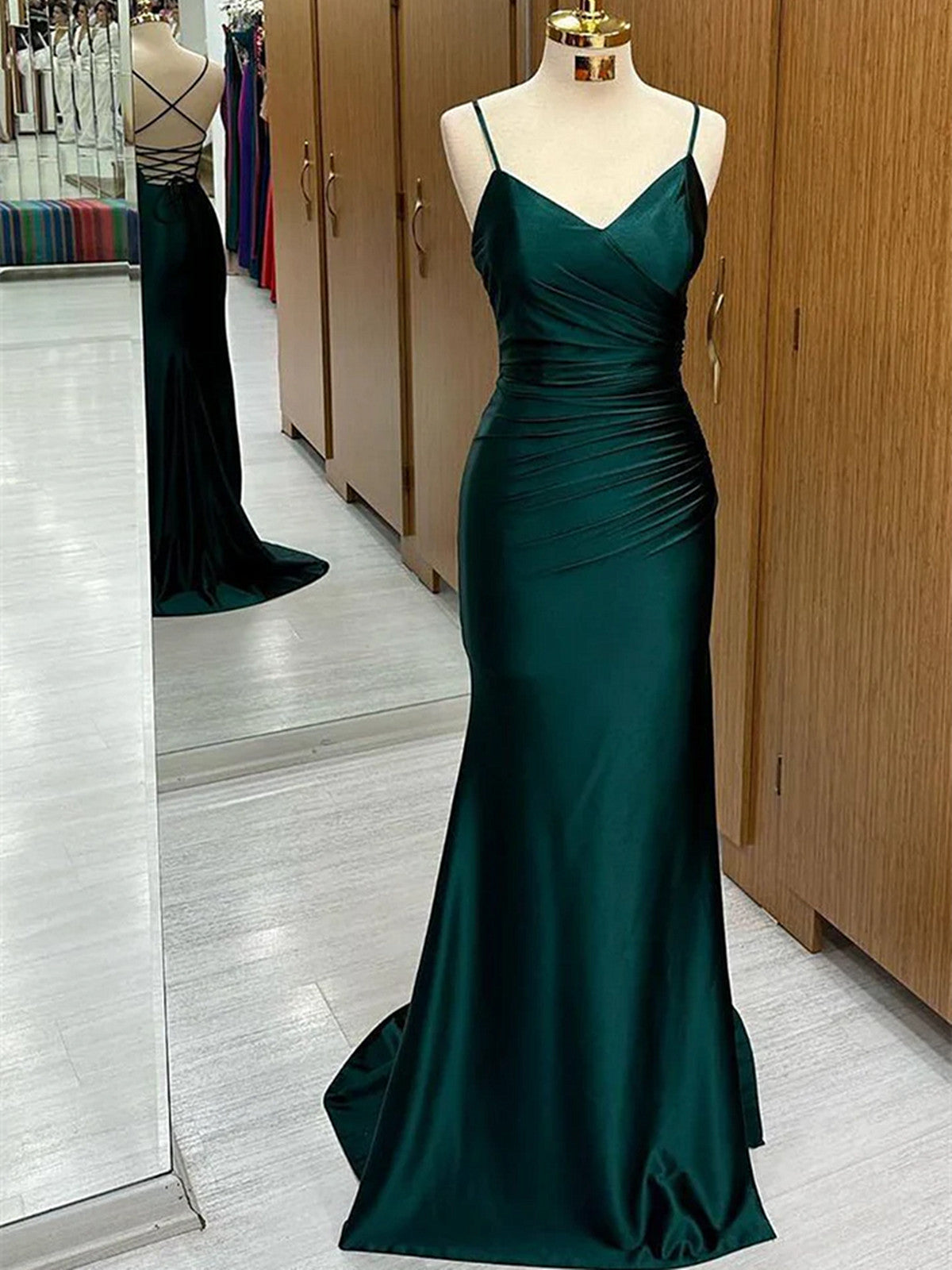 Green Satin V-neckline Mermaid Straps Evening Gown, Green Satin Prom D