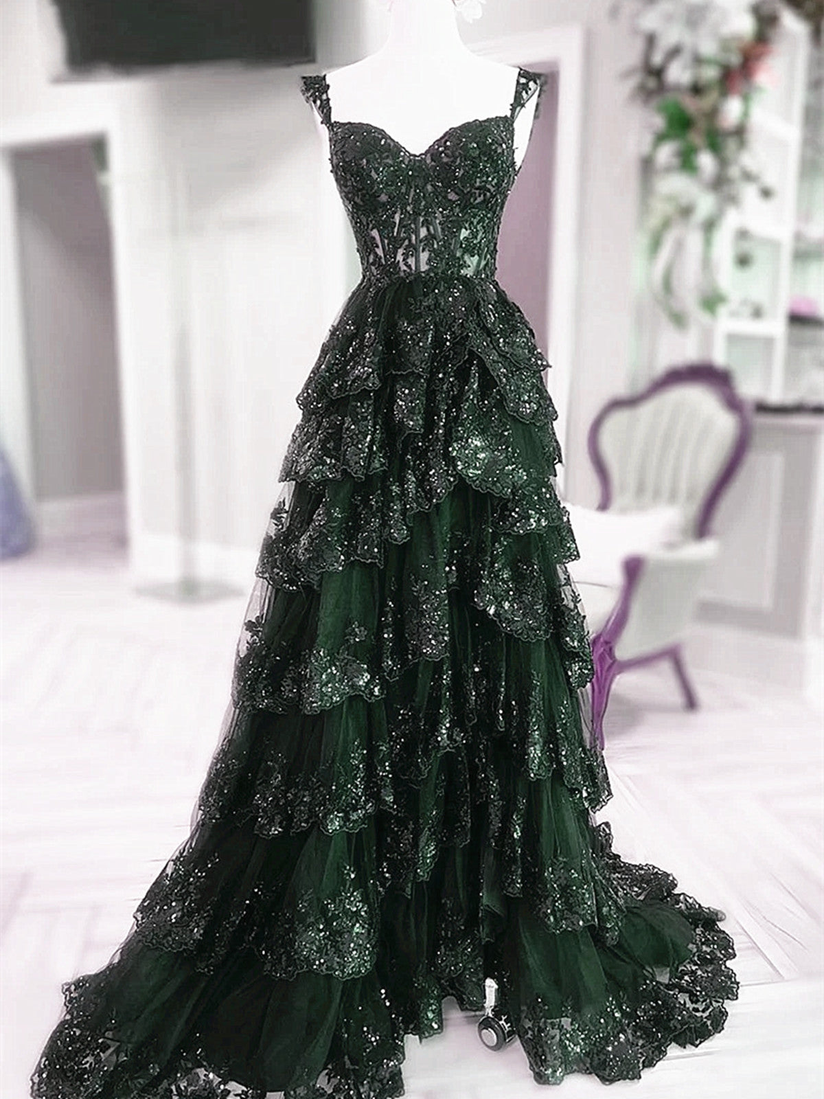 Green Tulle with Lace Straps Layers Party Dress, Green Tulle Prom Dres Cutedressy Green Tulle with Lace Straps Layers Party Dress, Green Tulle Prom Dres Cutedressy