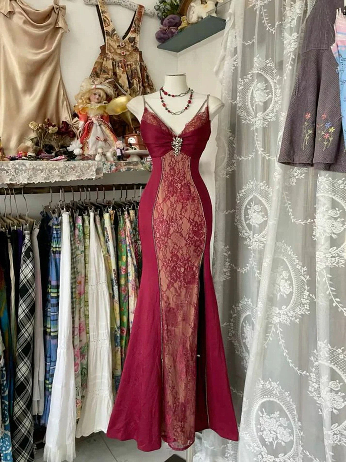 Wine Red Mermaid Straps Sweetheart Party Dress, Wine Red Lace Prom Dre Cutedressy Wine Red Mermaid Straps Sweetheart Party Dress, Wine Red Lace Prom Dre Cutedressy