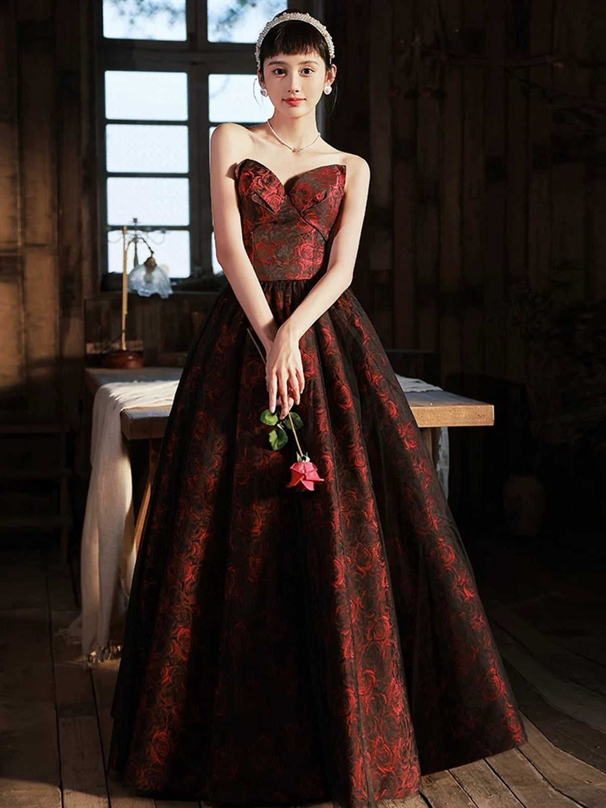 red and black holiday dress A-line Black and Red Lace Long Party Dress, Black and Red Prom Dress