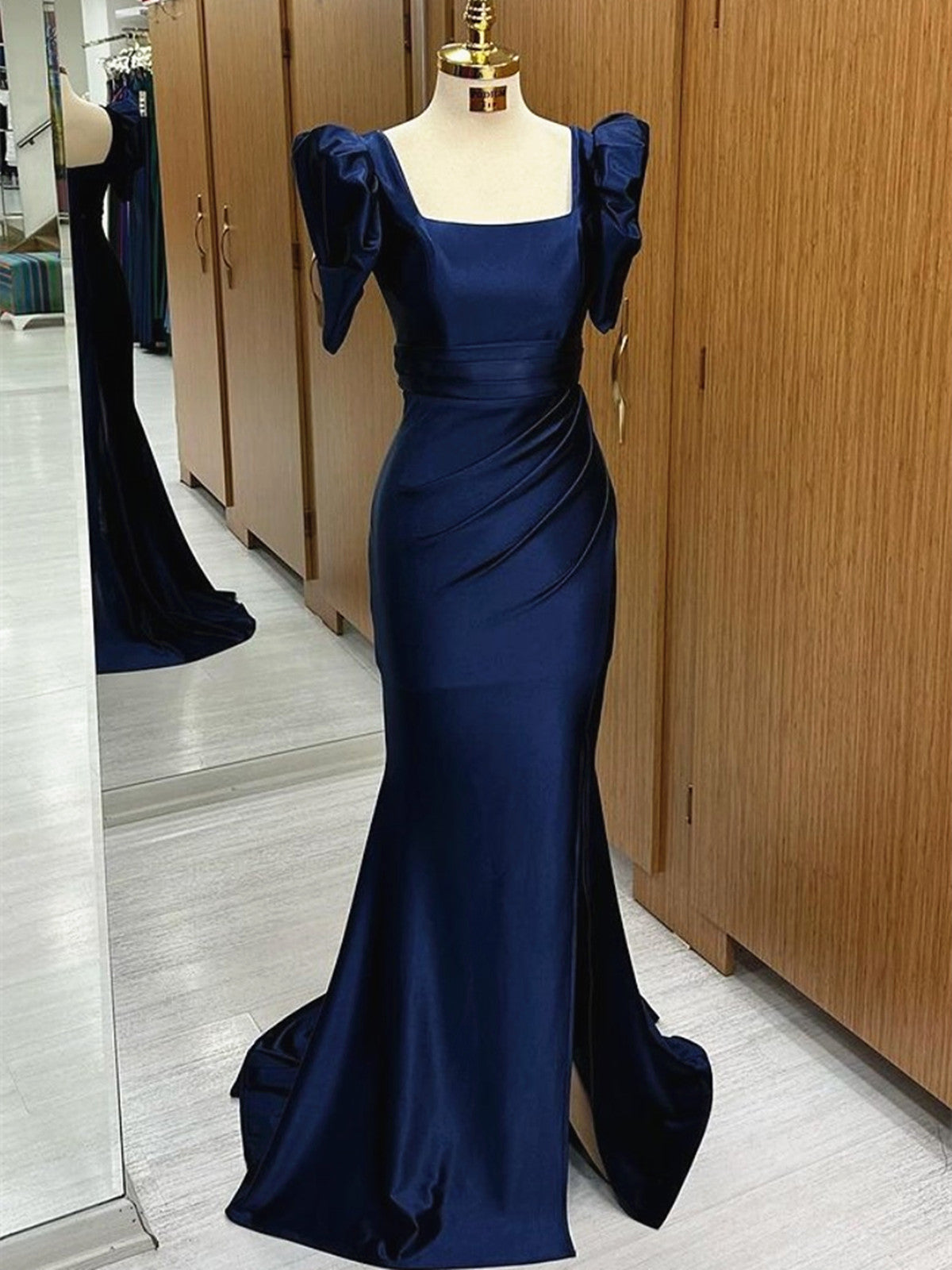 Dark Blue Blue Long Mermaid Prom Dress with Slit, Dark Blue Party Dres