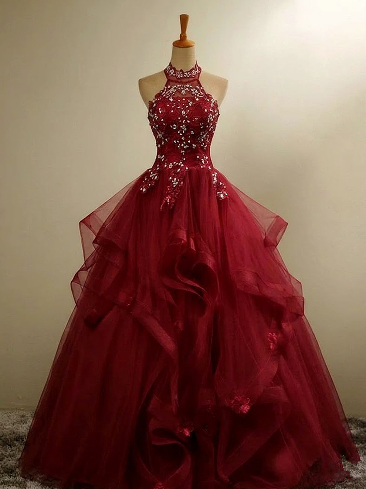 Wine Red Halter Neck Ball Gown Quinceanera Dress, Tulle Beaded Lace Bo –  Cutedressy