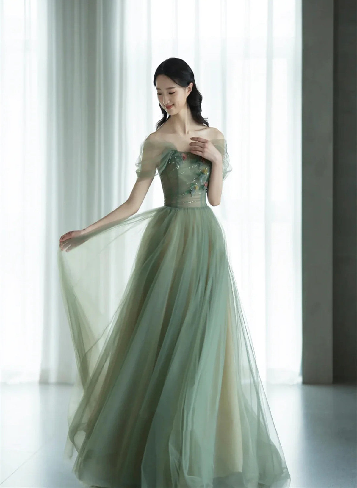 A-line Green Tulle Off Shoulder with Flowers Prom Dress, Green Tulle E Cutedressy A-line Green Tulle Off Shoulder with Flowers Prom Dress, Green Tulle E Cutedressy