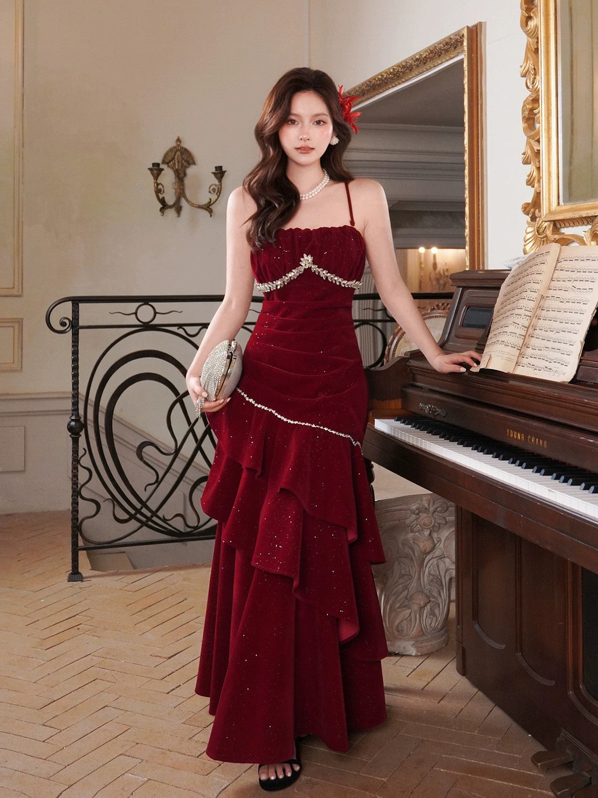 red velvet ruffle dress Christmas Red Velvet Maxi Dress for Women Crew Neck Dress Ruffle Hem Modest Evening Gown Winter Wedding Guest Holiday Party Custom Dress