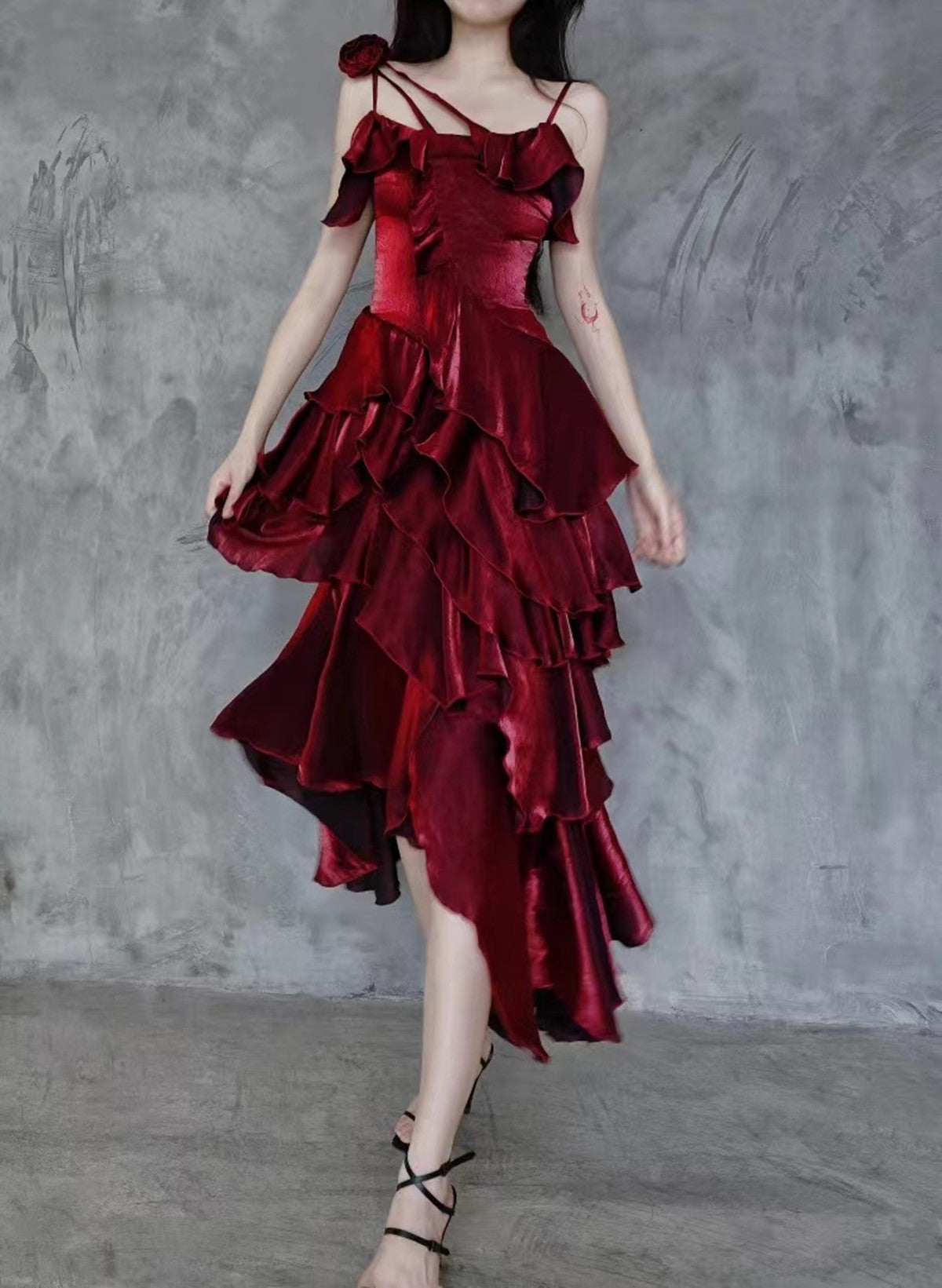 silk wine red dress Red Wine Silk Satin Midi Length Slip Dress with a Long Side Slit,Burgundy,Maroon Adjustable Spaghetti Straps,Bias Cut Camisole Silky Dress