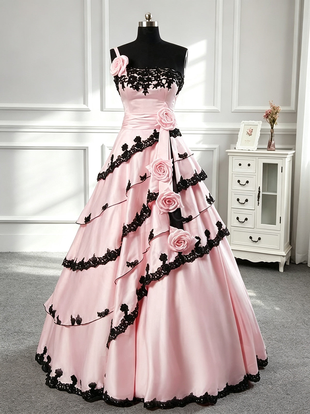 Pink Princess Satin with Black Lace Layers Formal Gowns, Pink Long Swe – Cutedressy