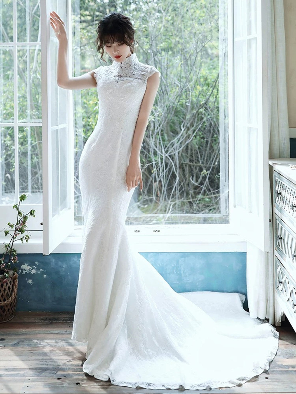 high neck lace party dress Gorgeous Lace Backless High Neckline Halter Wedding Dress Party Dresses, MP328
