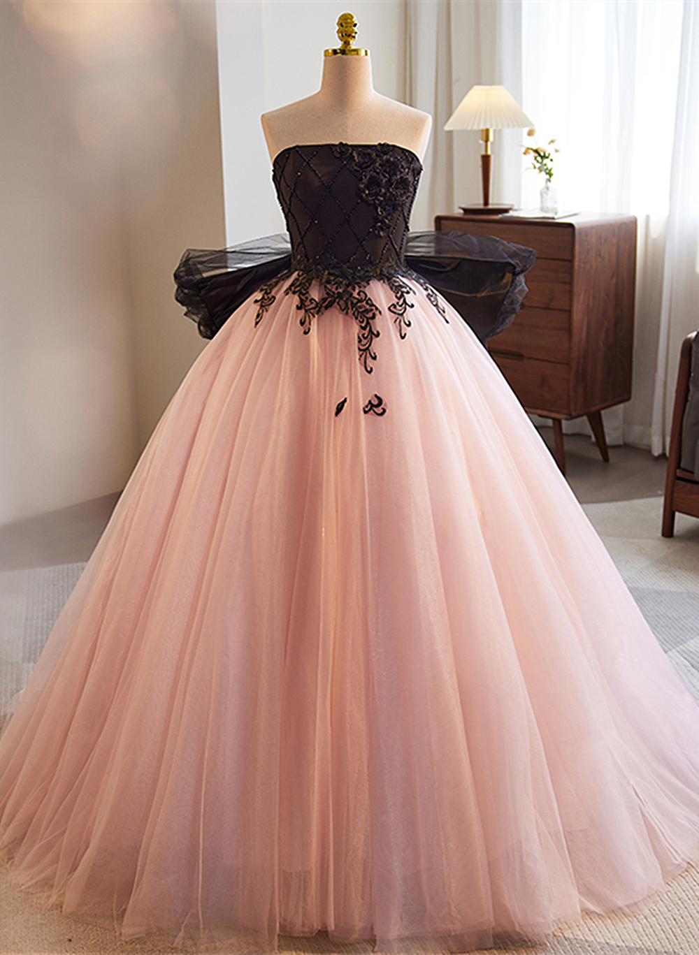 Pink and Black Lace Tulle Ball Gown Sweet 16 Dress, Pink and Black Lon Cutedressy Pink and Black Lace Tulle Ball Gown Sweet 16 Dress, Pink and Black Lon Cutedressy