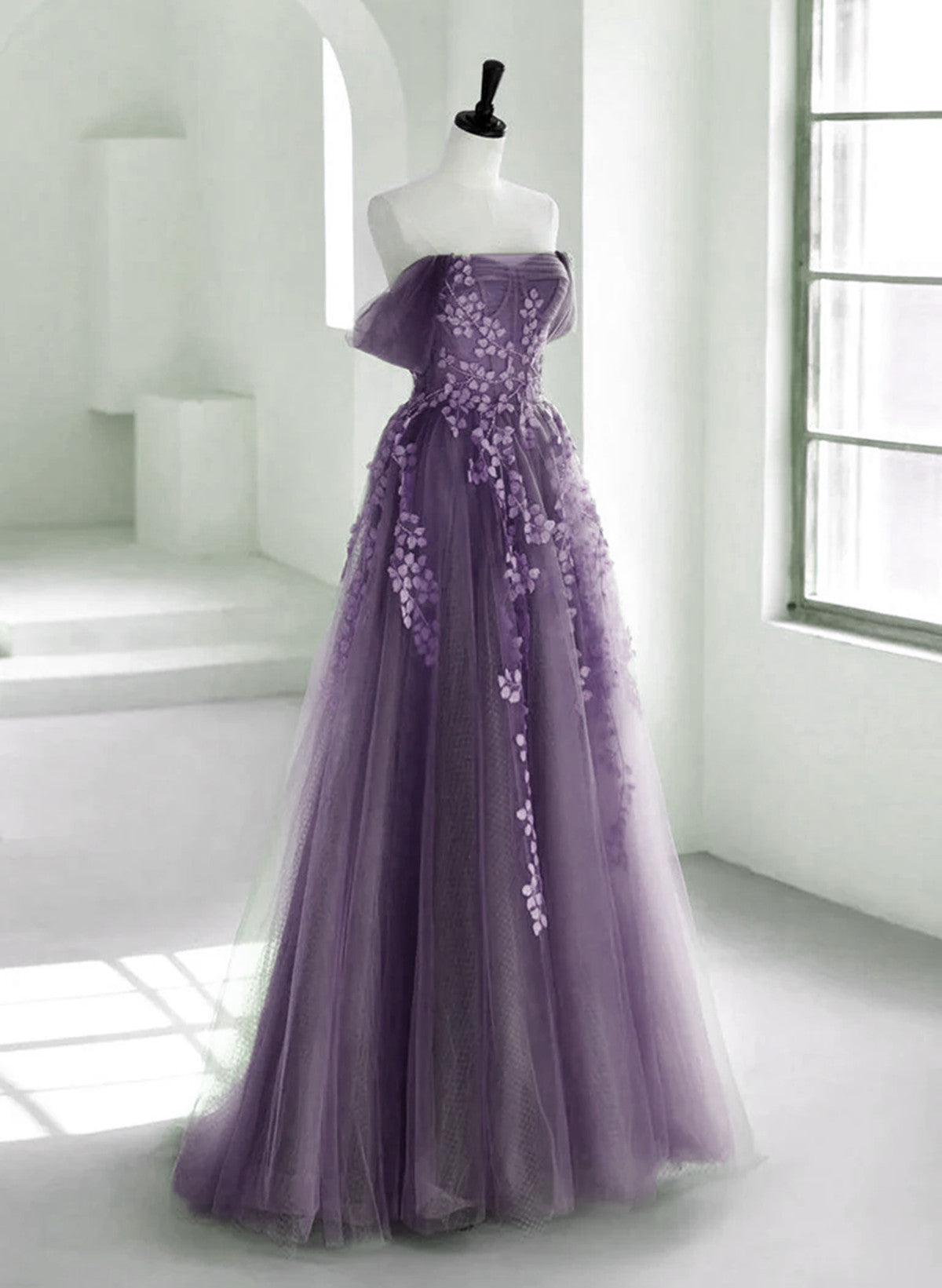 Purple A-line Tulle with Lace Long Formal Dress, Purple Prom Dress Eve Cutedressy Purple A-line Tulle with Lace Long Formal Dress, Purple Prom Dress Eve Cutedressy