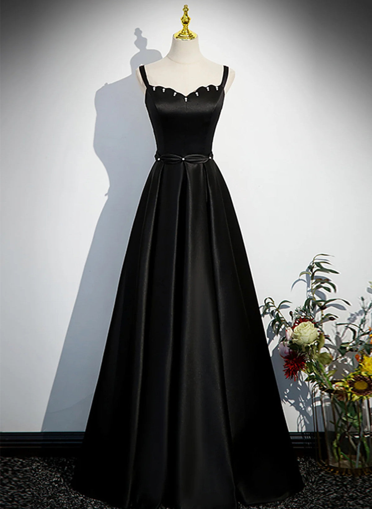 A-line Black Straps Beaded Satin Long Party Dress, Black Prom Dress Cutedressy A-line Black Straps Beaded Satin Long Party Dress, Black Prom Dress Cutedressy