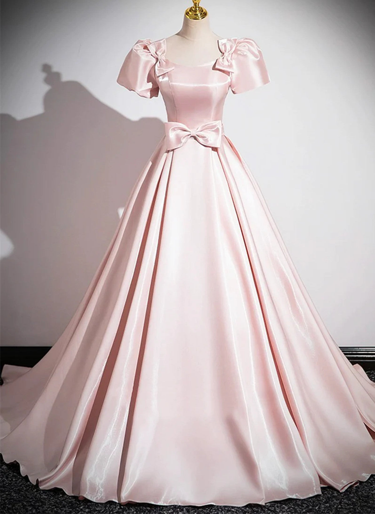 Pink Satin Short Sleeves A-line Long Party Dress, Pink Satin Prom Dres Cutedressy Pink Satin Short Sleeves A-line Long Party Dress, Pink Satin Prom Dres Cutedressy