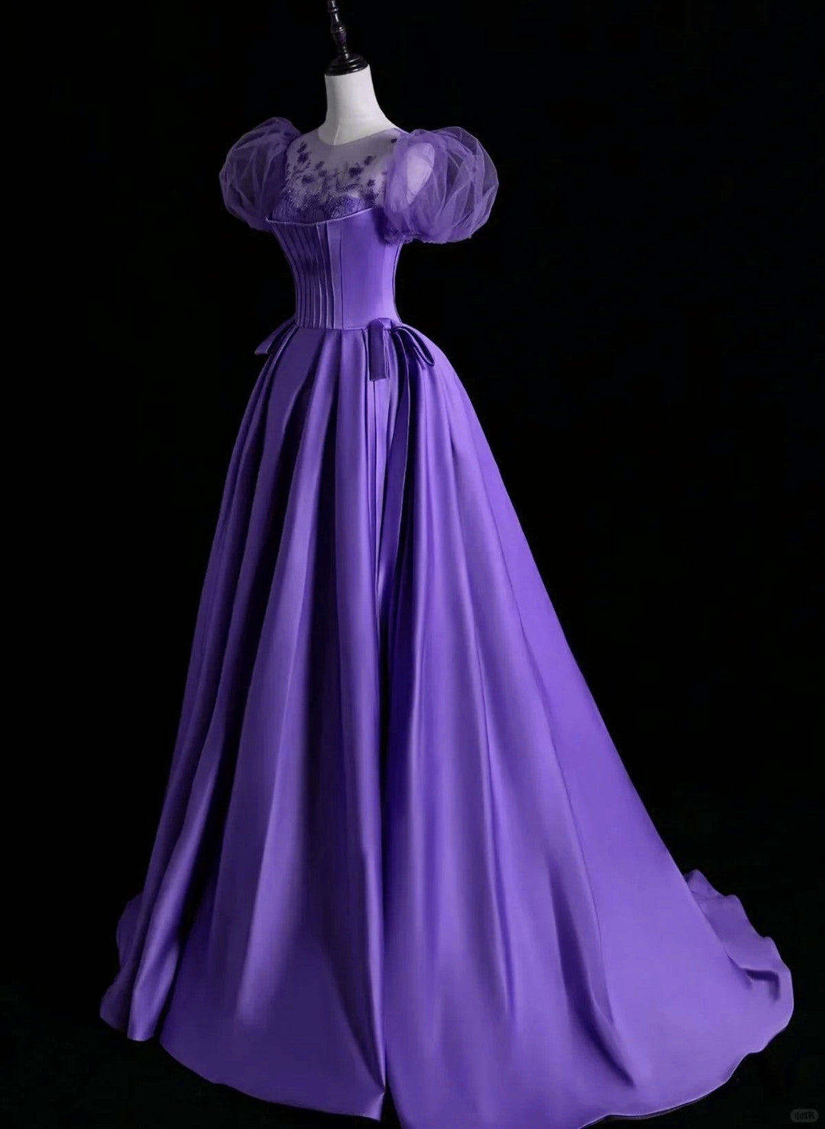 purple prom dress sleeves Purple Long Tulle Train Length Prom Dress With Illusion Long Sleeves
