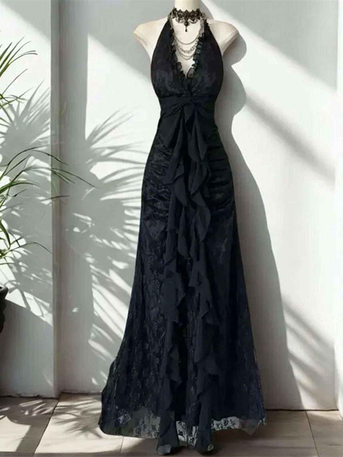 Lace Halter Black V-neckline Floor Length Party Dress, Black Lace A-li Lace Halter Black V-neckline Floor Length Party Dress, Black Lace A-li