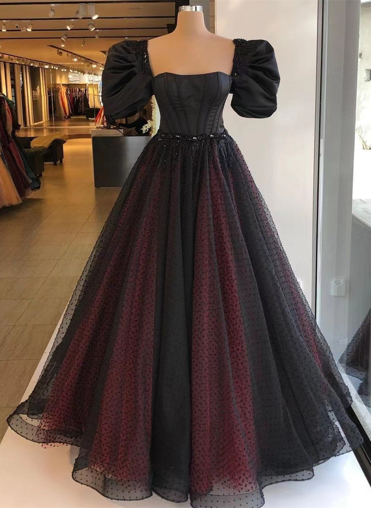 Black and Red Short Sleeves Beaded Long Evening Dress, Black and Red P