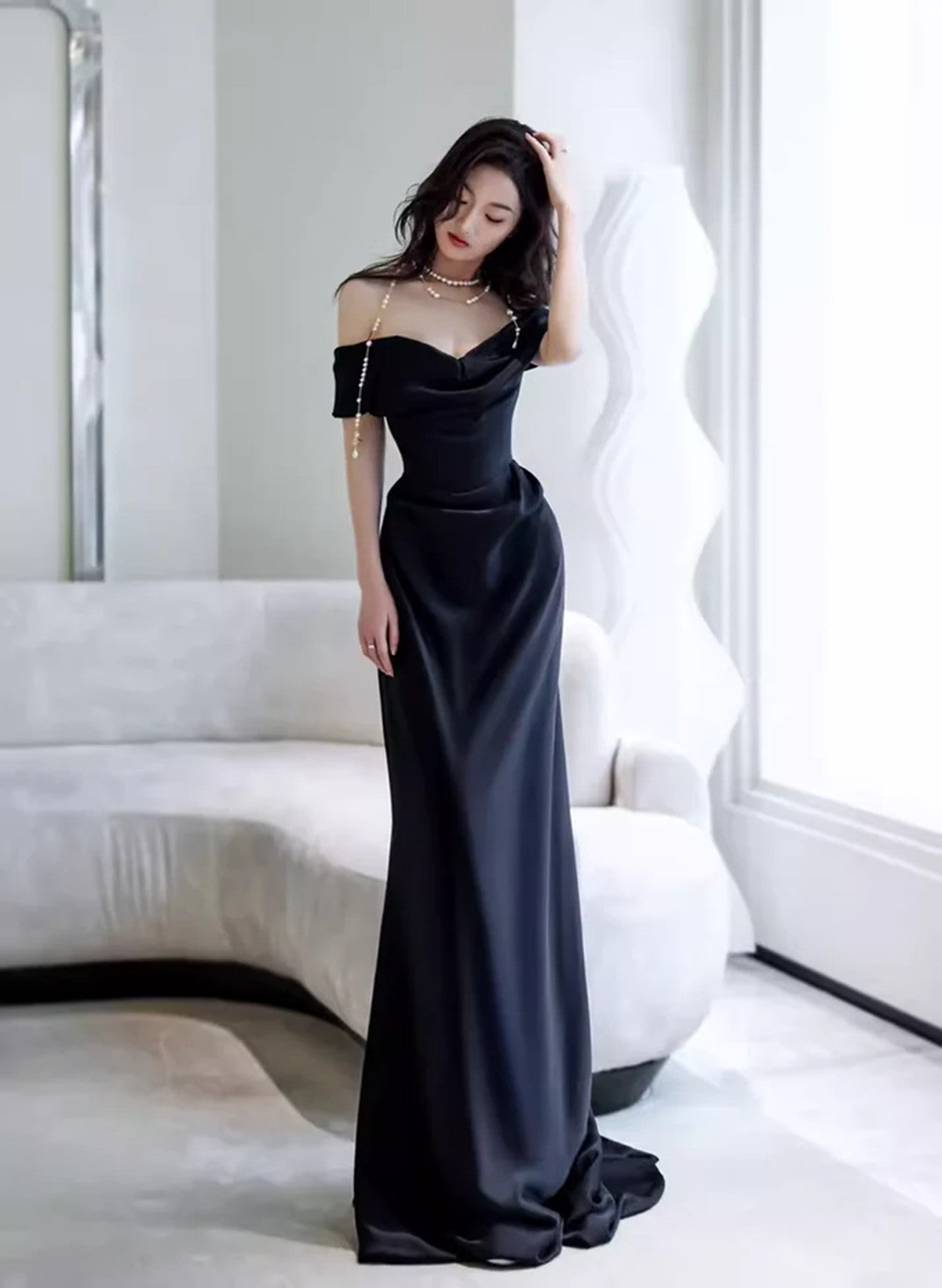 Elegant Black Off Shoulder Long Formal Gown, Black Satin Prom Dress Pa Cutedressy Elegant Black Off Shoulder Long Formal Gown, Black Satin Prom Dress Pa Cutedressy