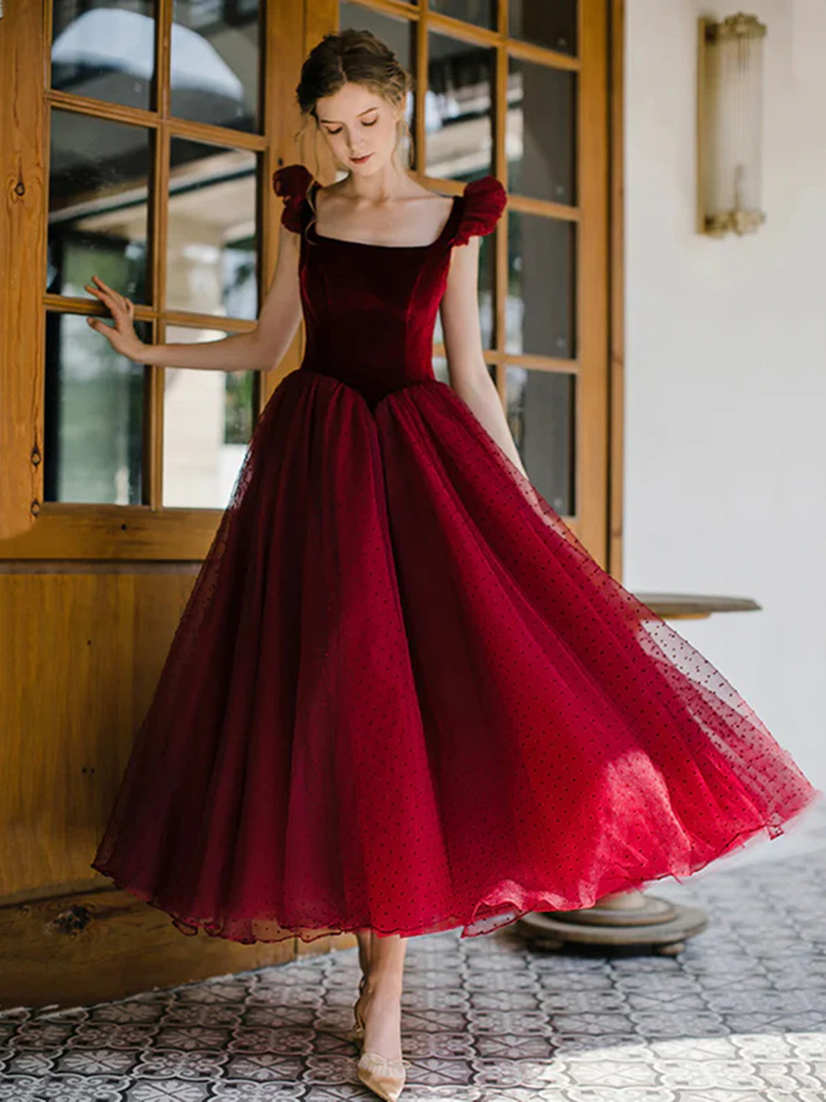 Knee Length Dark Red Velvet Dresses Sexy Wine Red Straps V-Neckline Velvet Party Dress, Tea Knee Length Dark Red Velvet Dresses Sexy Wine Red Straps V-Neckline Velvet Party Dress, Tea