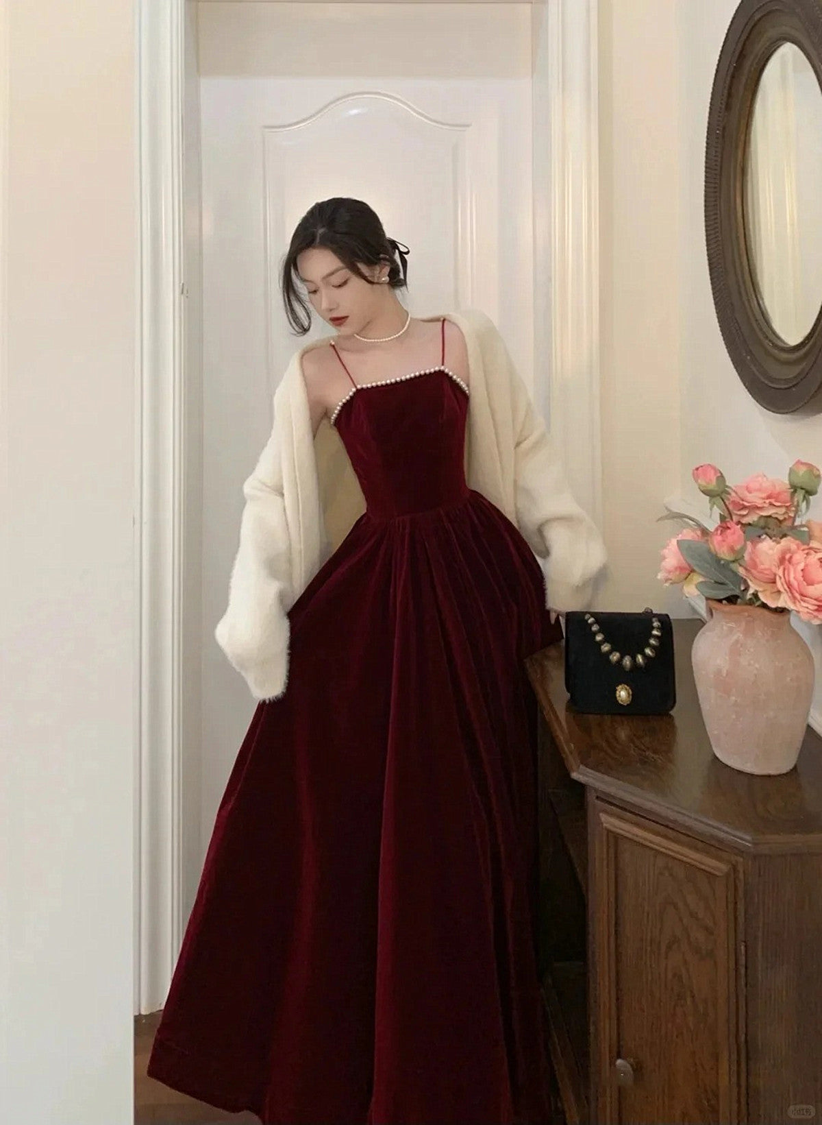 A-line Straps Wine Red Velvet Long Formal Dress, Wine Red Prom Dress A-line Straps Wine Red Velvet Long Formal Dress, Wine Red Prom Dress