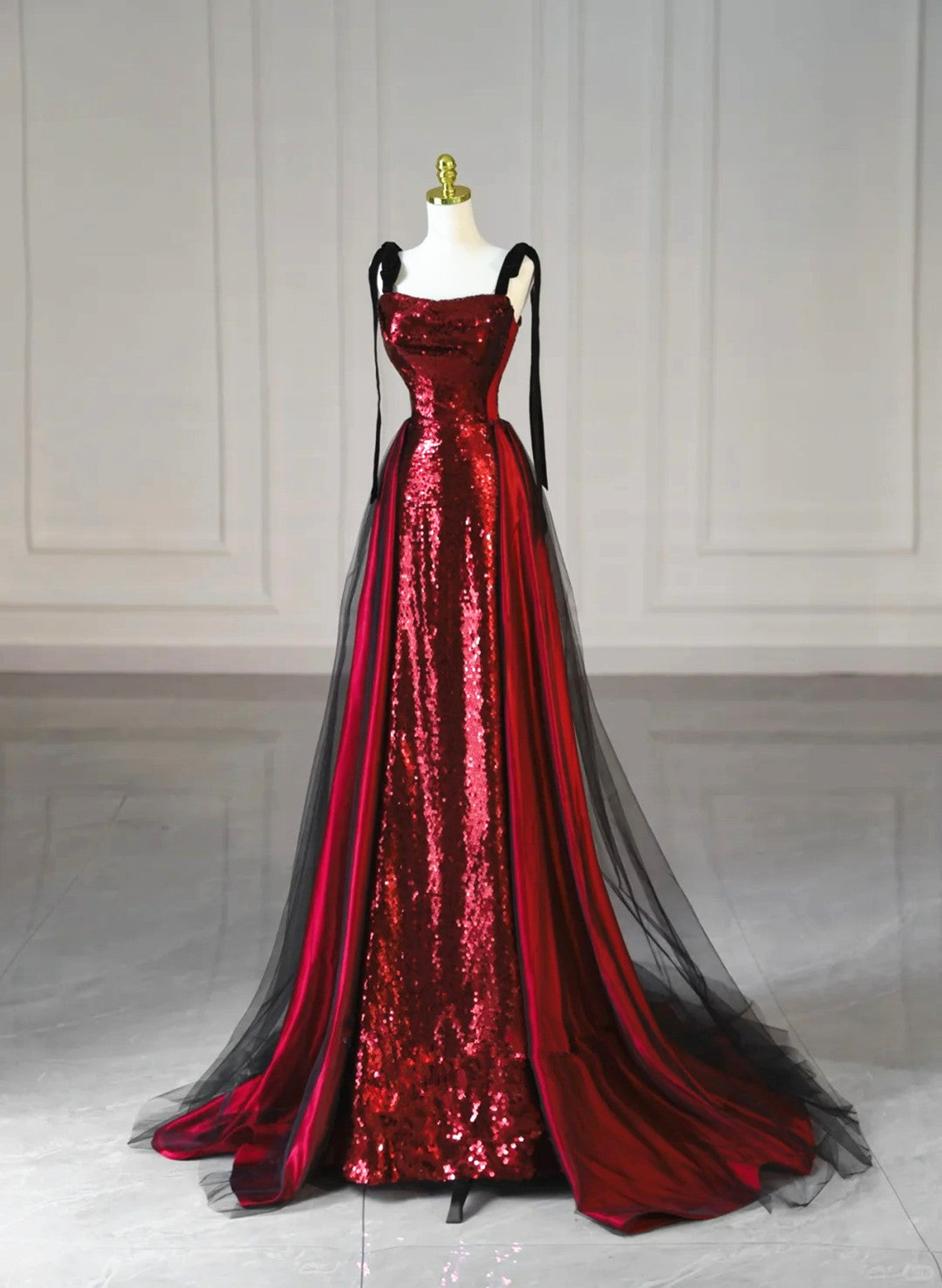 Wine Red Sequins with Black Tulle Straps Long Party Dress, Wine Red Se Wine Red Sequins with Black Tulle Straps Long Party Dress, Wine Red Se