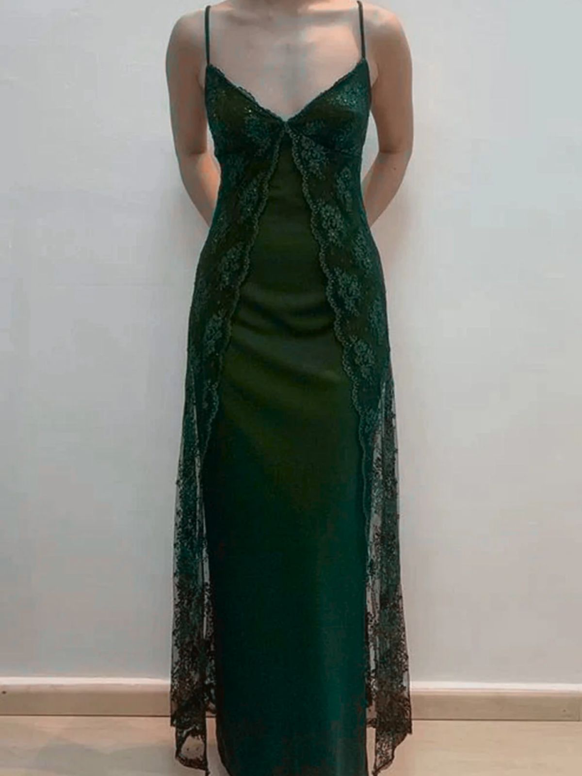 Dark Green V-neckline Straps Long Party Dress, A-line Green Lace Prom Cutedressy Dark Green V-neckline Straps Long Party Dress, A-line Green Lace Prom Cutedressy