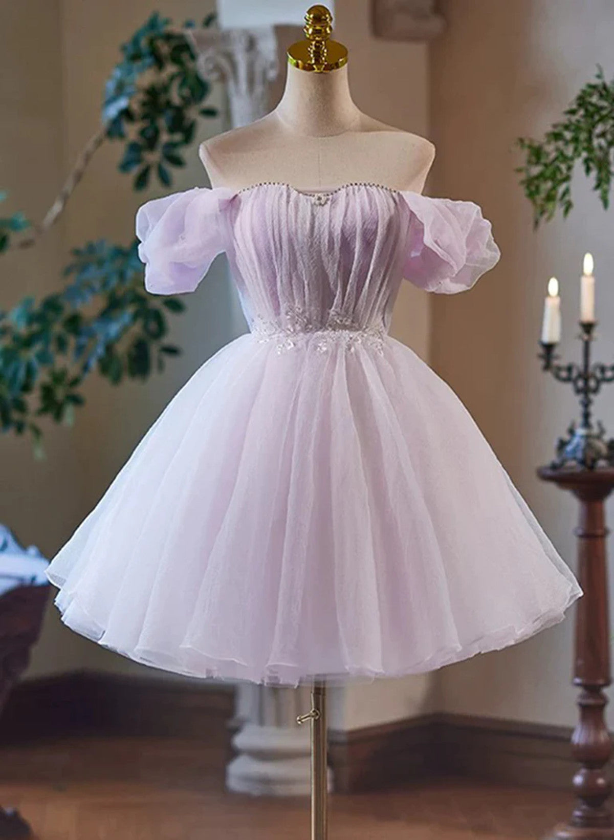 Cute Tulle Light Purple Off Shoulder Party Dress, Light Purple Homecom – Cutedressy