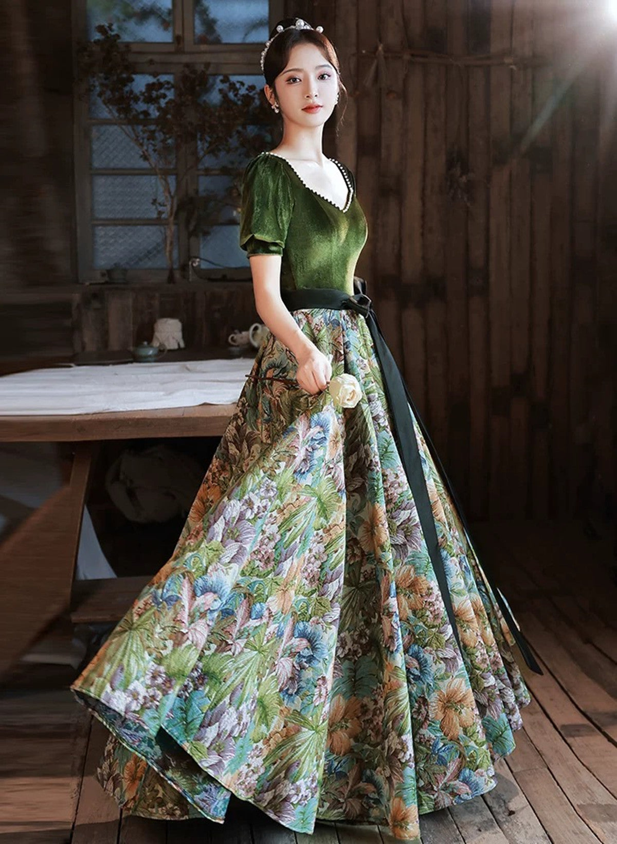 Green Velvet Floral Short Sleeves Long Prom Dress, Green Sweetheart Pa Cutedressy Green Velvet Floral Short Sleeves Long Prom Dress, Green Sweetheart Pa Cutedressy