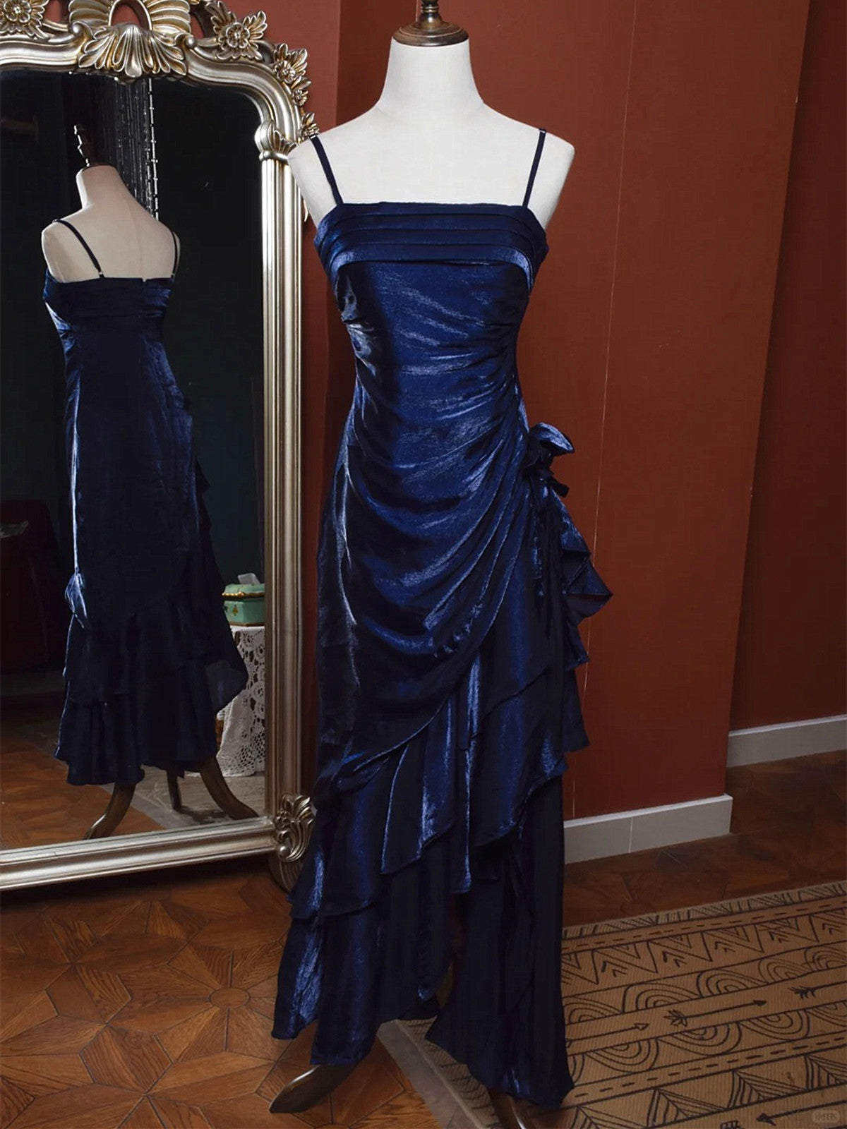 Navy Blue Straps High Low Party Dress Prom Dress, Navy Blue Satin Home Cutedressy Navy Blue Straps High Low Party Dress Prom Dress, Navy Blue Satin Home Cutedressy
