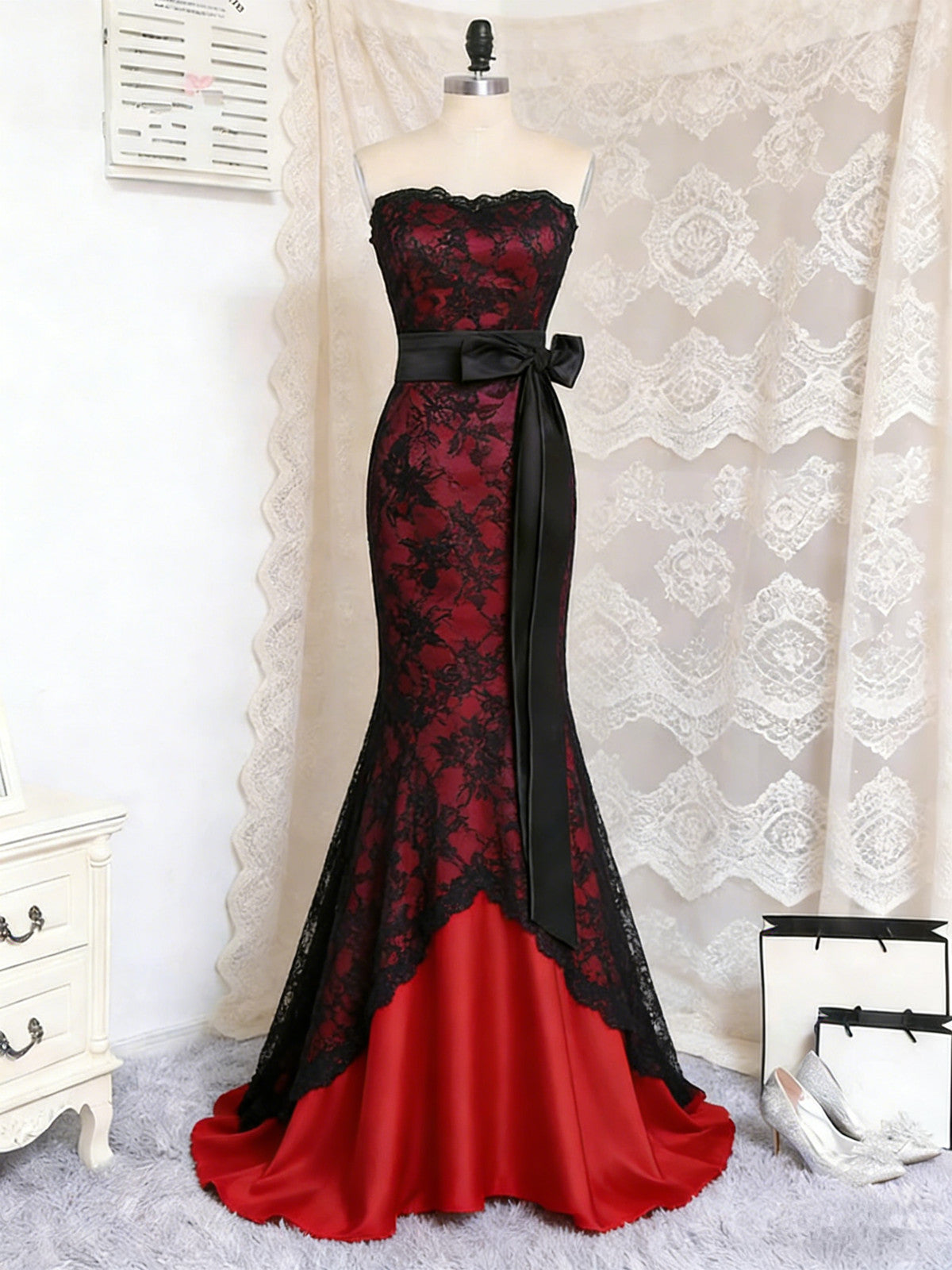 Black and Red Satin with Lace Mermaid Prom Dress, Vintage Style Long P – Cutedressy