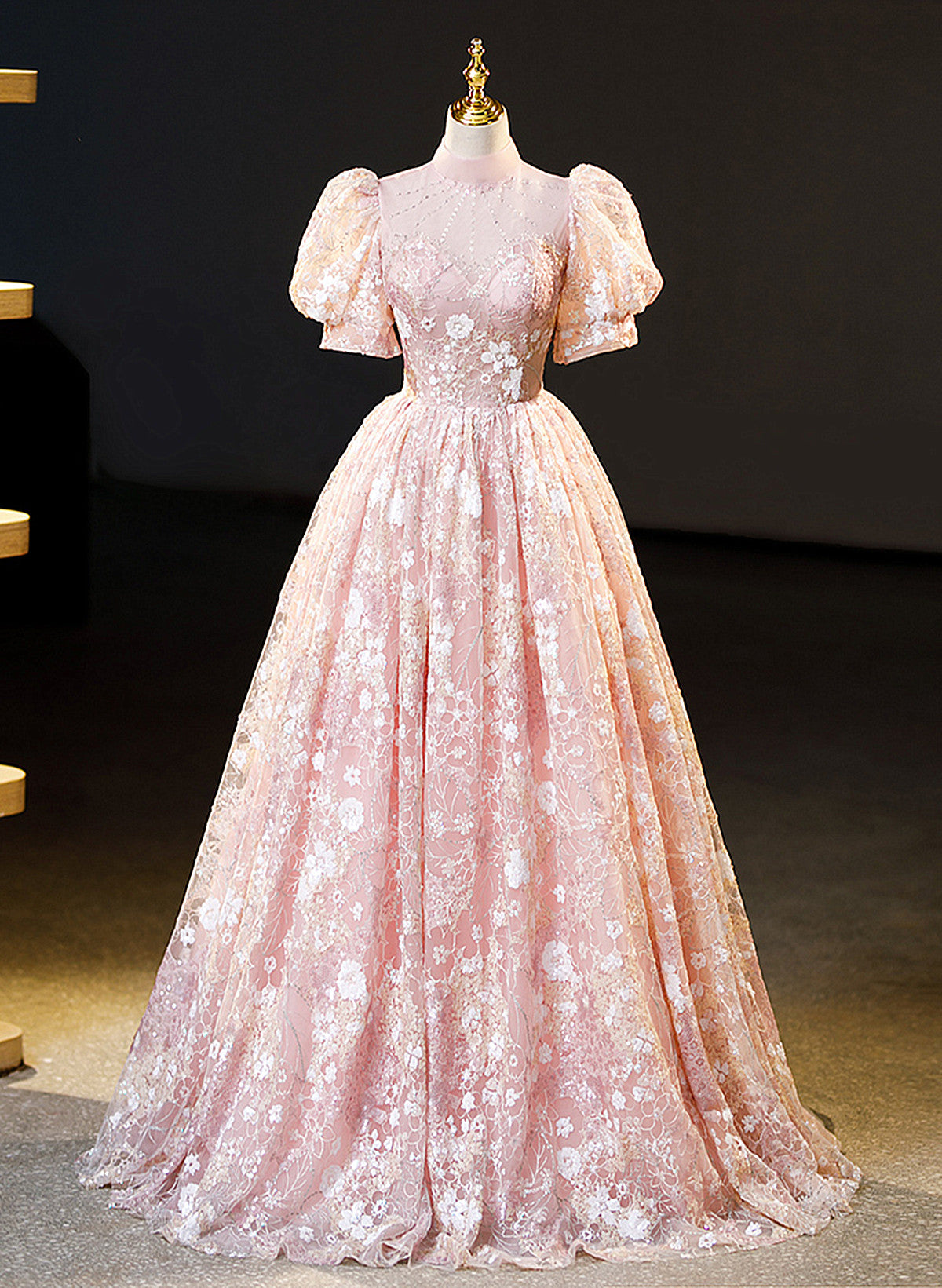 Pink High Neckline Short Sleeves Lace Floral Long Party Dress, Pink Sw