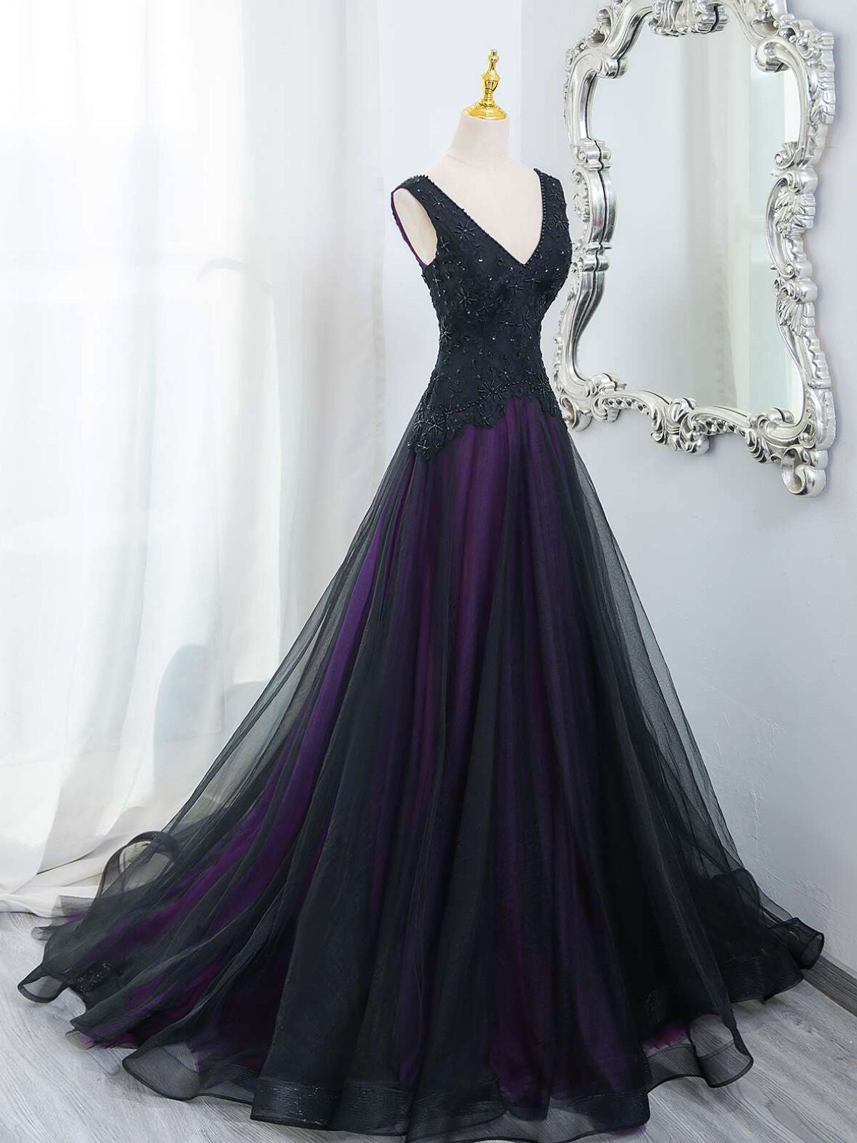 purple and black lace dress A-line Black and Purple V-neckline Party Dress, Tulle with Lace Prom D