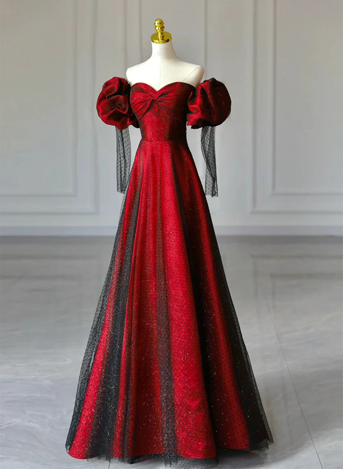 Black and Red Off Shoulder Sweetheart Party Dress, A-line Long Evening Cutedressy Black and Red Off Shoulder Sweetheart Party Dress, A-line Long Evening Cutedressy