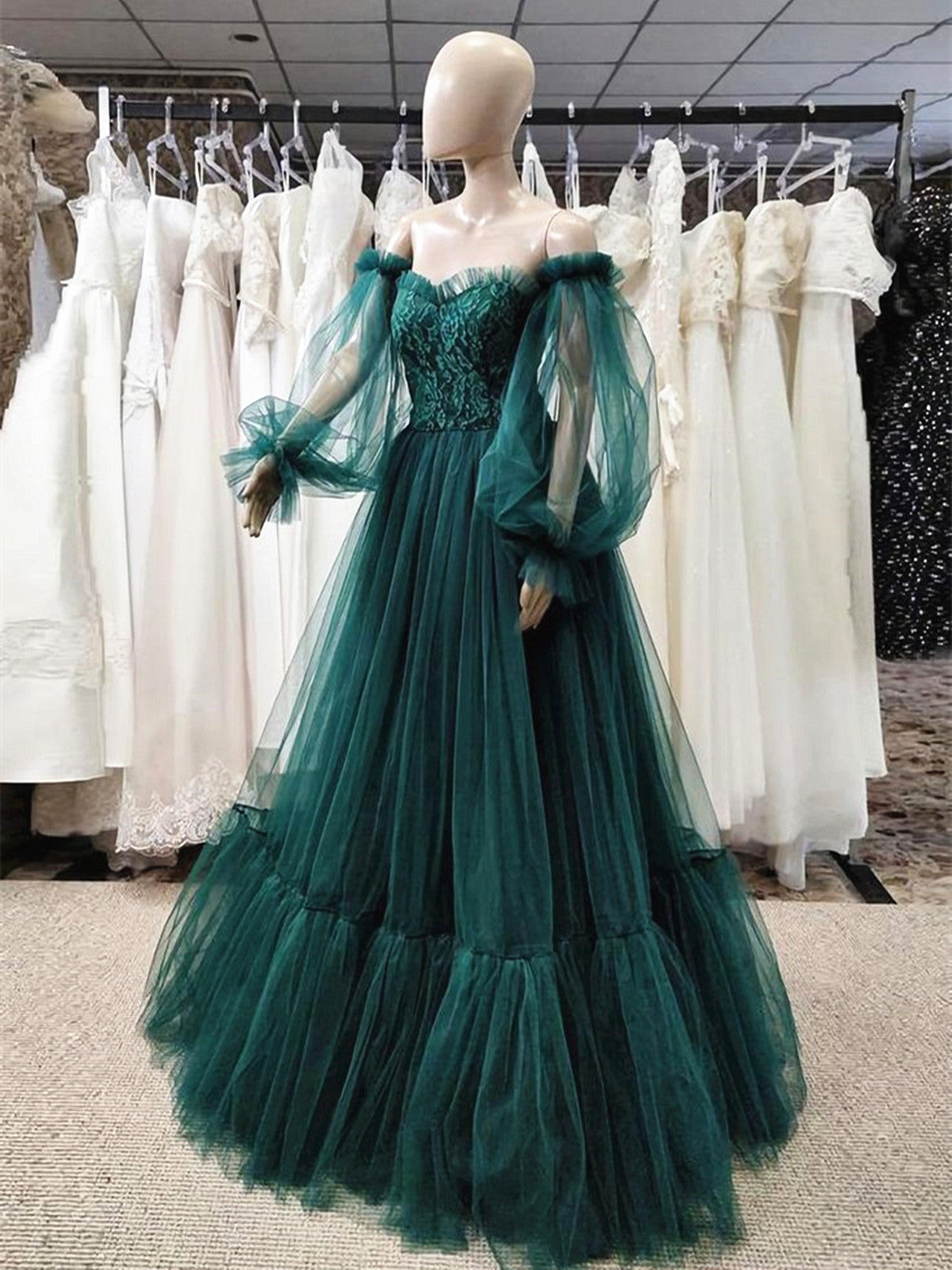 Green Puffy Sleeves Lace Top Long Party Dress, Green Tulle Prom Dress Cutedressy Green Puffy Sleeves Lace Top Long Party Dress, Green Tulle Prom Dress Cutedressy