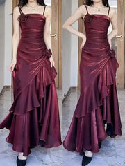 Vintage Square Neckline Wine Red Party Dress, Wine Red Spaghetti Straps Prom Dress Vintage Square Neckline Wine Red Party Dress, Wine Red Spaghetti Straps Prom Dress