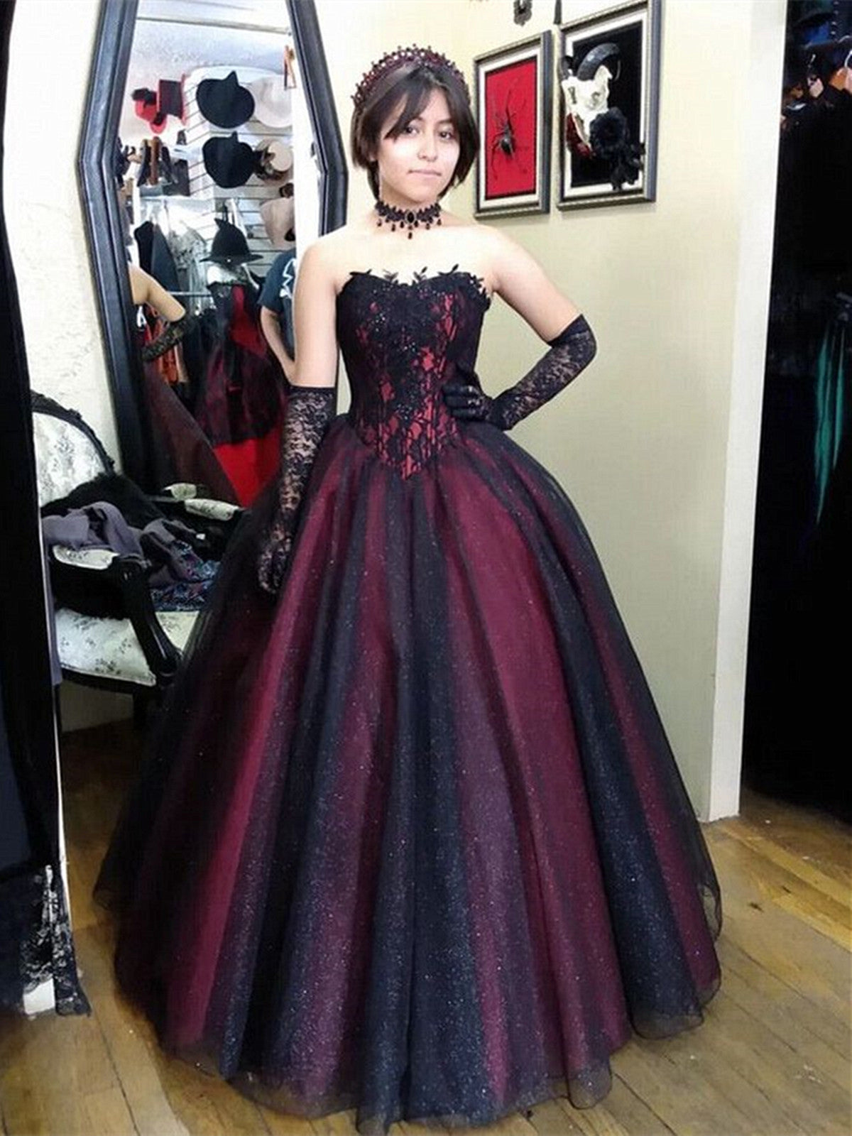Black and Wine Red Strapless A Line Glitter Party Dress, Tulle Black a Cutedressy Black and Wine Red Strapless A Line Glitter Party Dress, Tulle Black a Cutedressy