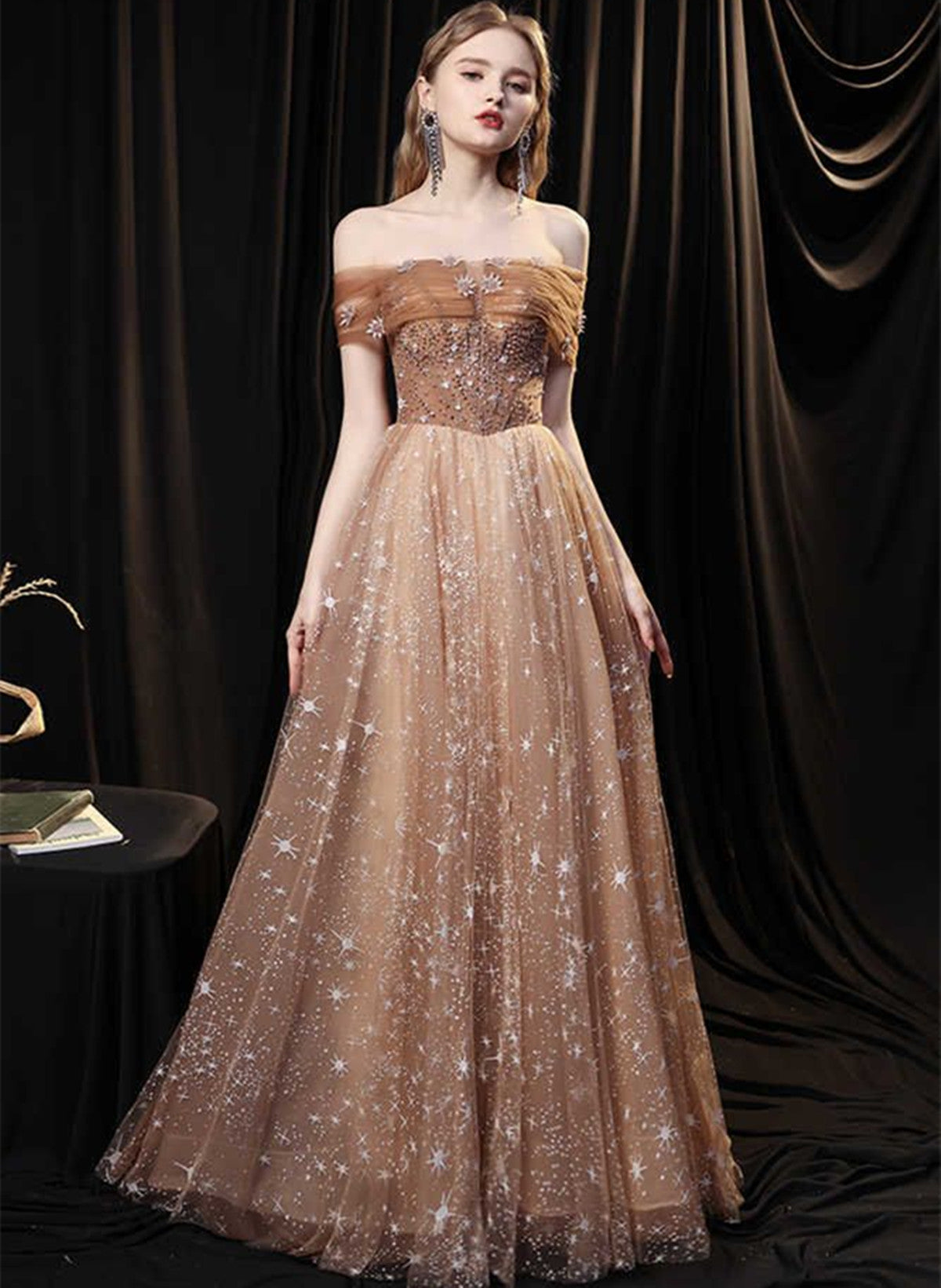 A-line Champagne Beaded Off Shoulder Prom Dress, Tulle Long Evening Dr A-line Champagne Beaded Off Shoulder Prom Dress, Tulle Long Evening Dr