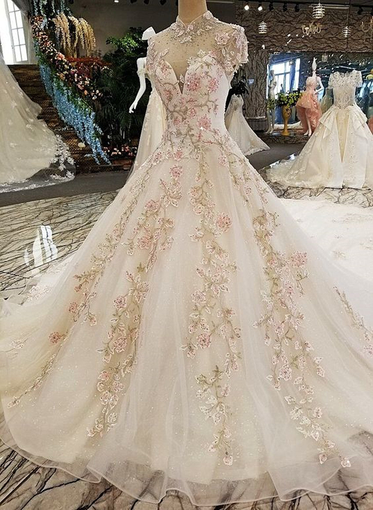 Beautiful Ivory High Neckline Tulle with Flower Lace Party Dress, Ivor Beautiful Ivory High Neckline Tulle with Flower Lace Party Dress, Ivor