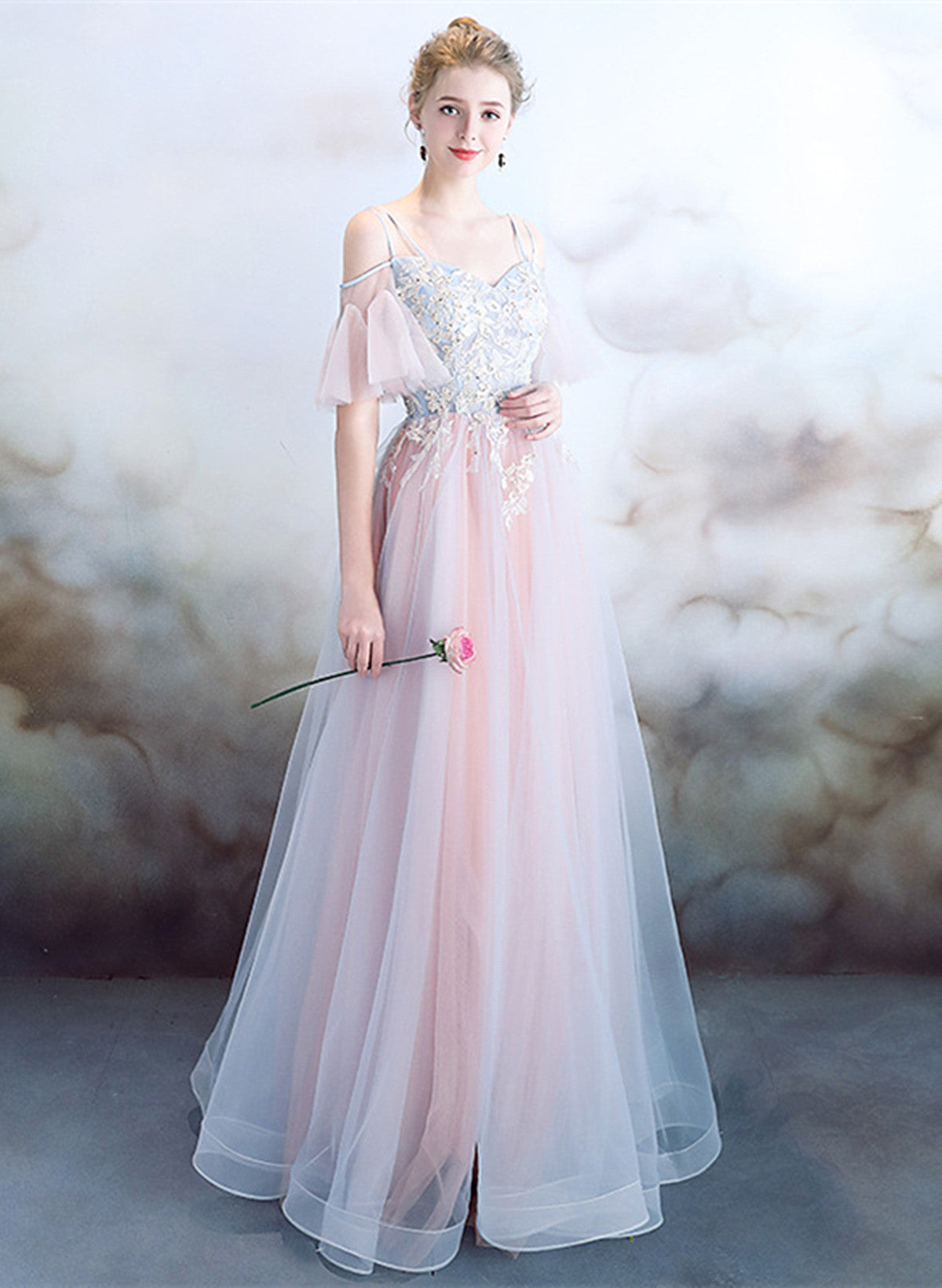 Pink A-line Tulle with Lace Applique Prom Dress, Pink Sweetheart Bride Cutedressy Pink A-line Tulle with Lace Applique Prom Dress, Pink Sweetheart Bride Cutedressy
