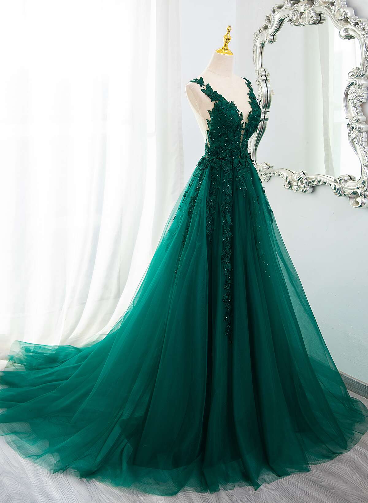 Dark Green Tulle V-neckline Party Dress with Lace, Dark Green Tulle Pr Cutedressy Dark Green Tulle V-neckline Party Dress with Lace, Dark Green Tulle Pr Cutedressy