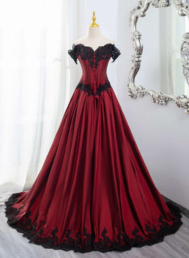 Wine Red  A-line Off Shoulder with Black Lace Evening Dress, Wine Red Long Prom Dress