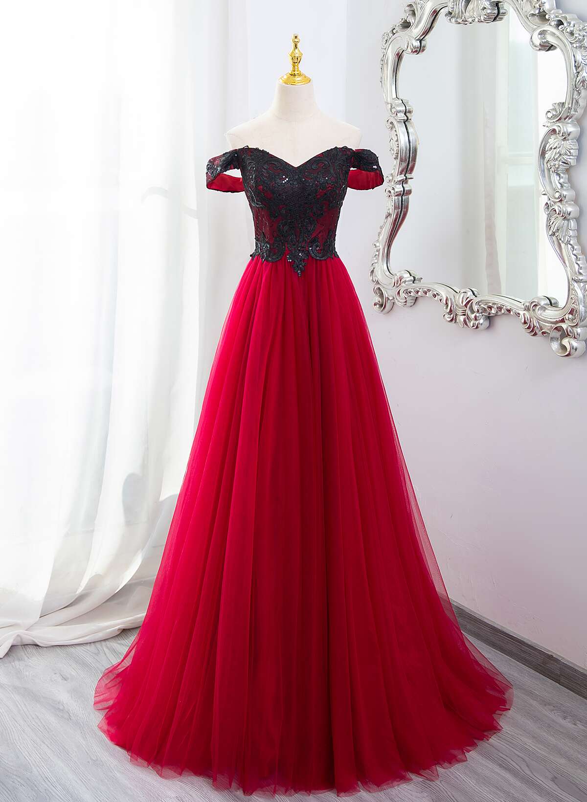 Dark Red Tulle with Black Lace Off Shoulder Prom Dress, A-line Dark Re Cutedressy Dark Red Tulle with Black Lace Off Shoulder Prom Dress, A-line Dark Re Cutedressy